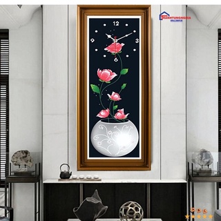 Tranh đính đá, tranh thêu chữ thập đồng hồ bình hoa hồng