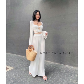 Set áo thun xoắn ngực tay loe + Quần suông dập ly