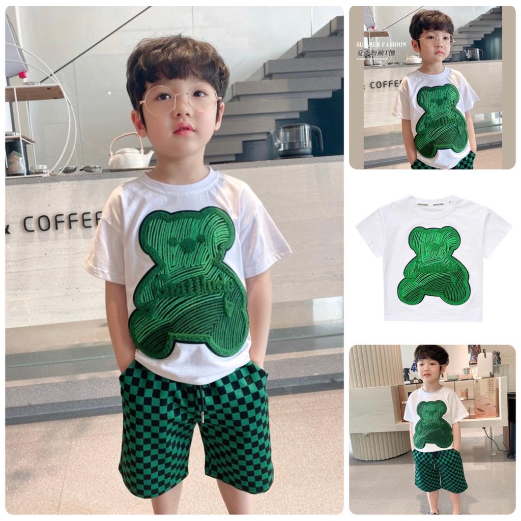 T17, Áo thun bé trai 12-37kg, áo thun gấu xanh may nổi 100% cotton, thời trang quảng châu cao cấp