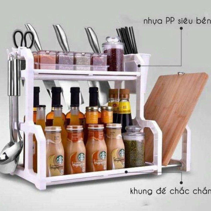 Kệ gia vị chữ H 2 tầng-Kệ đựng gia vị nhựa pp ,khung inox khả năng chịu lực tốt có khe cắm dao,ống đũa đa năng