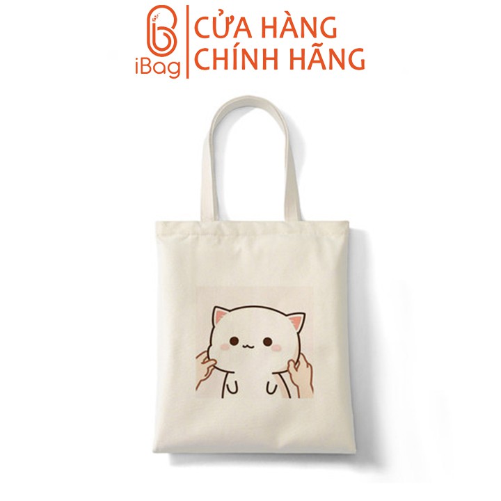 Túi tote đi học IBAG nữ phong cách ulzzang dáng unisex in hình véo mặt mèo N014