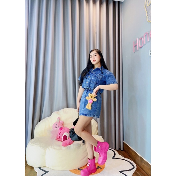 SET BỘ ĐI CHƠI - ÁO SƠ MI DENIM KÈM CHÂN VÁY CÓ GẮN GẤU DỄ THƯƠNG CAO CẤP - CÓ SIZE - HB031 vs HB029