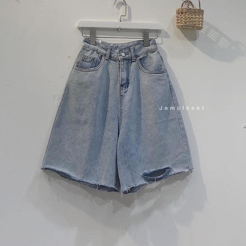 Quần Short Jeans Ngố Bò Nút Hông Ulzzang (2 Màu)