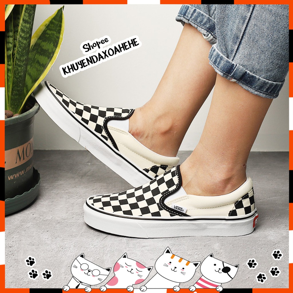 Giày CHECKERBOARD SLIP-ON CLASSIC BLACK/WHITE, giày lười caro nam nữ