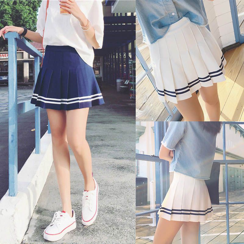 Chân váy xếp li lưng cao phối sọc xinh xắn trẻ trung