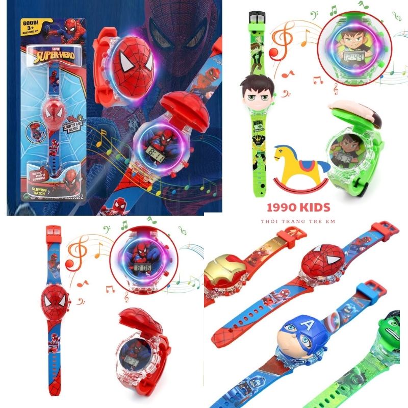 Đồng hồ cho bé trai, đồng hồ trẻ em siêu nhân, người nhện, đội chó cứu hộ, batman 1990Kids cho bé từ 1 đến 10 tuổi
