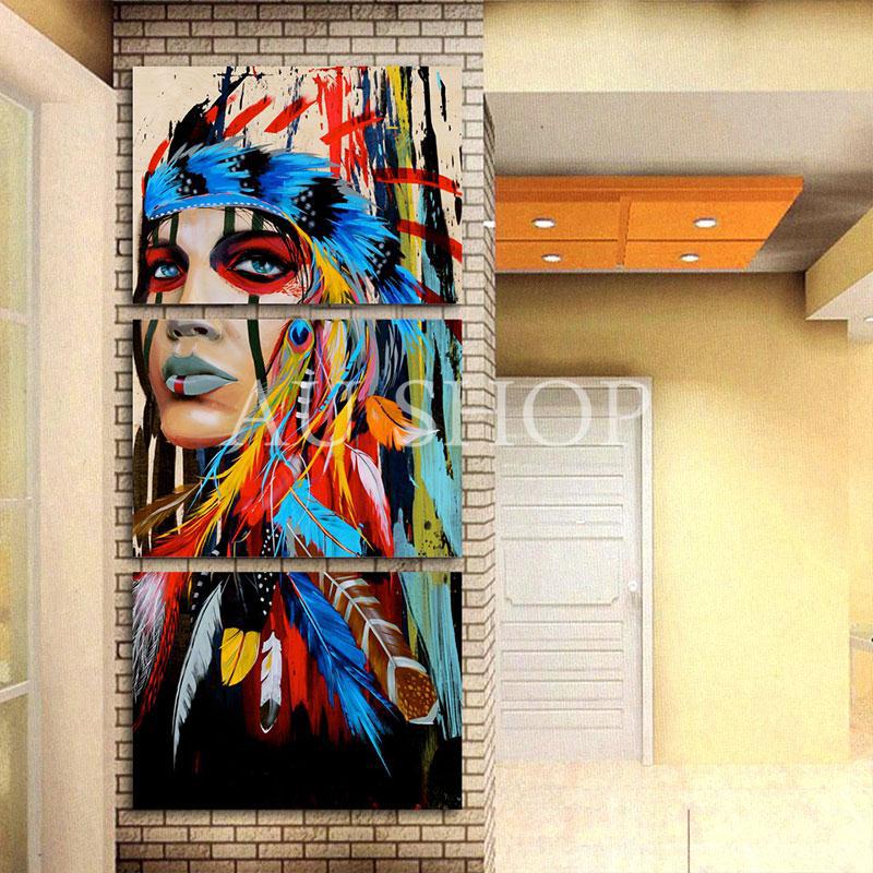Bộ 3 tranh canvas chống thấm nước in hình người thổ dân da đỏ