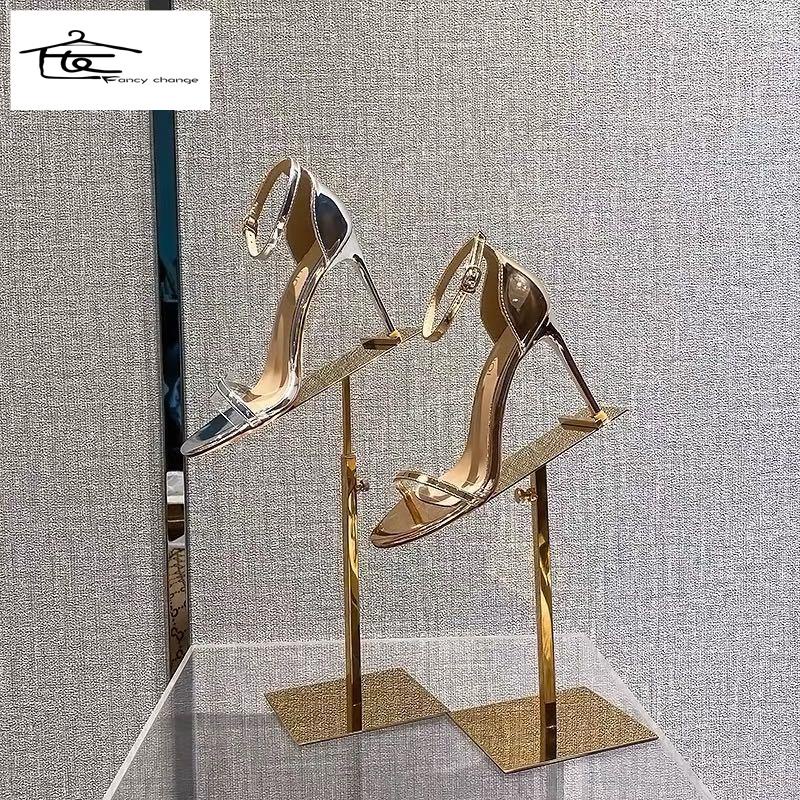 Giày Sandal Cao Gót Phối Khóa Gài Màu Vàng / Bạc Thời Trang Sang Trọng Cho Nữ