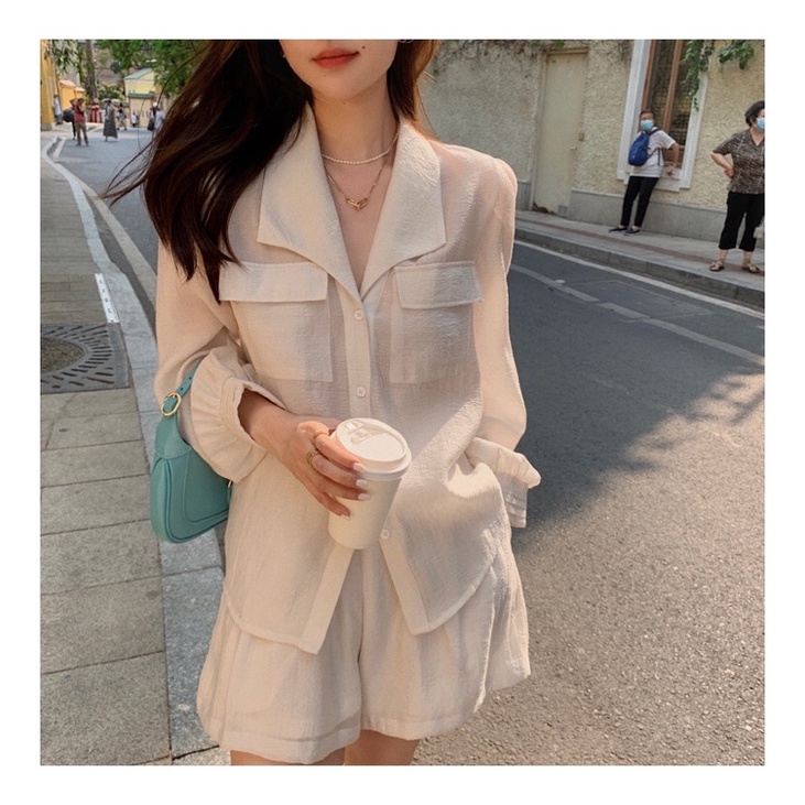 Set đồ nữ bao gồm áo sơ mi quần short cạp chun hai lớp co giãn cao cấp ROOMHT mã SĐN01