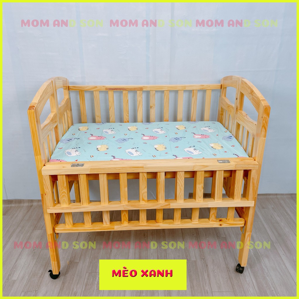 (BỘ 3 SP TẶNG 1 SP)Giường Cũi cho Bé MOM AND SON Kích Thước(80x130x96cm) Gỗ Thông Xuất Khẩu BH 12 Tháng