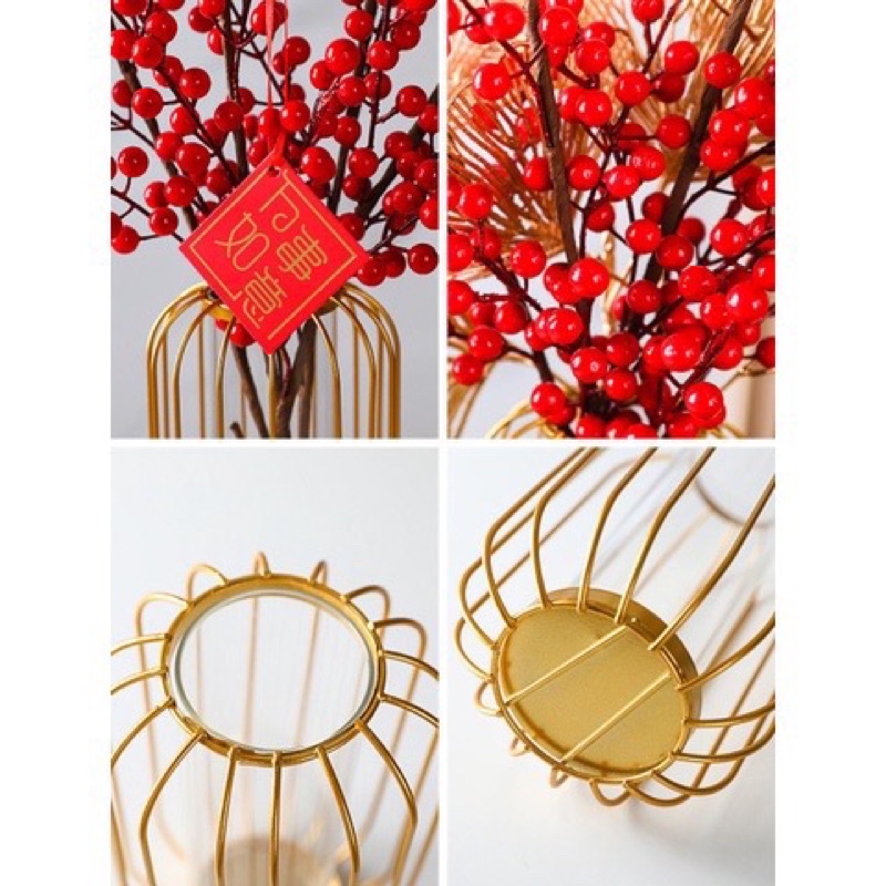 Lọ hoa thuỷ tinh khung kim loại mạ vàng trang trí phòng khách cao 20 cm