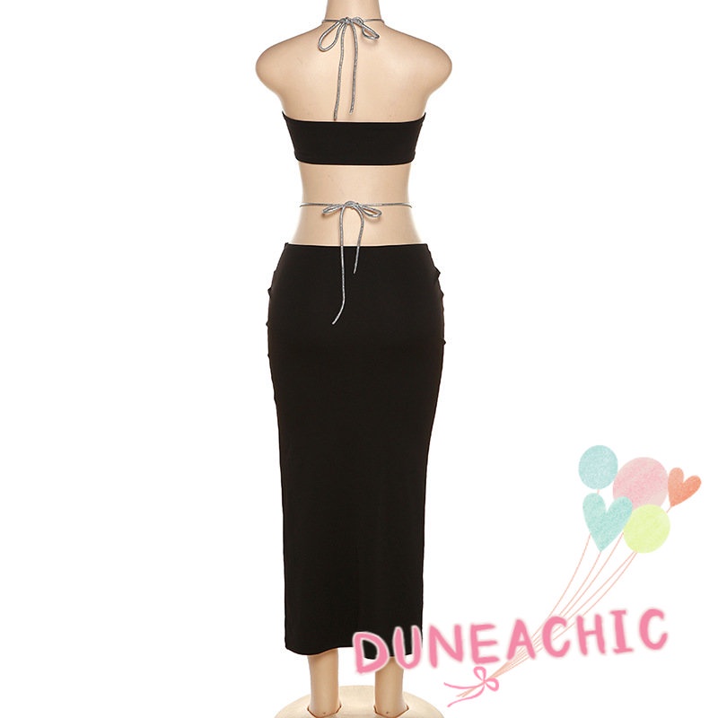 DUNEA Set Áo Tank Top Trễ Vai Phối Chân Váy Cột Dây Thời Trang Trẻ Trung Cho Nữ