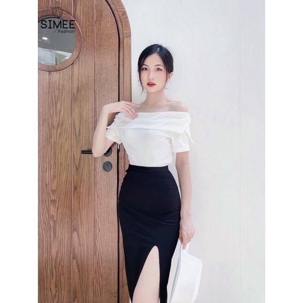 Sang chảnh outfit !!!!!!!!! Set váy thiết kế Simee áo trễ vai xẻ mix chân váy xẻ tà