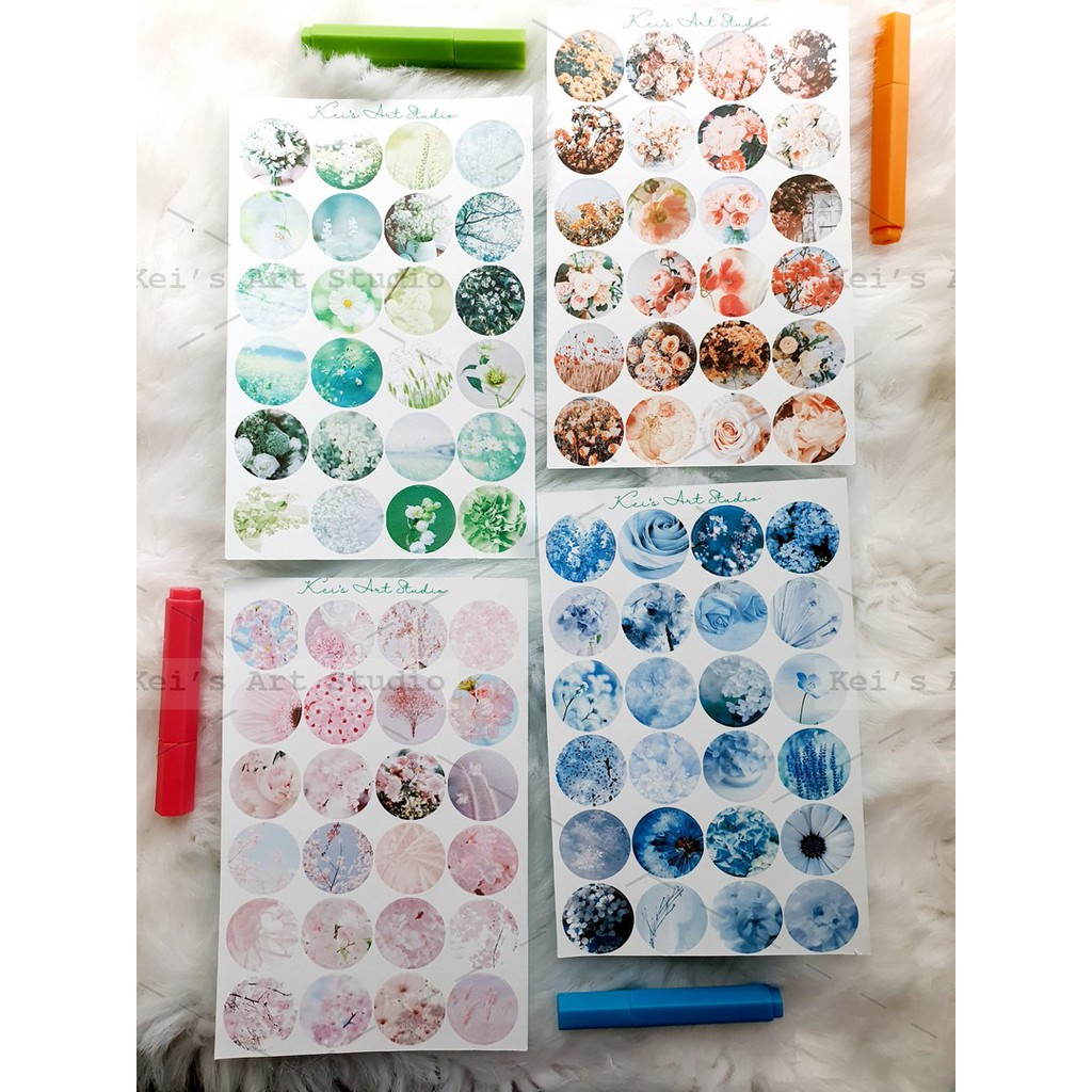 Sticker tròn nhiều chủ đề tự nhiên, hoa cỏ, mây trời, biển, mèo dễ thương, cute trang trí sổ xinh đáng yêu tiện lợi