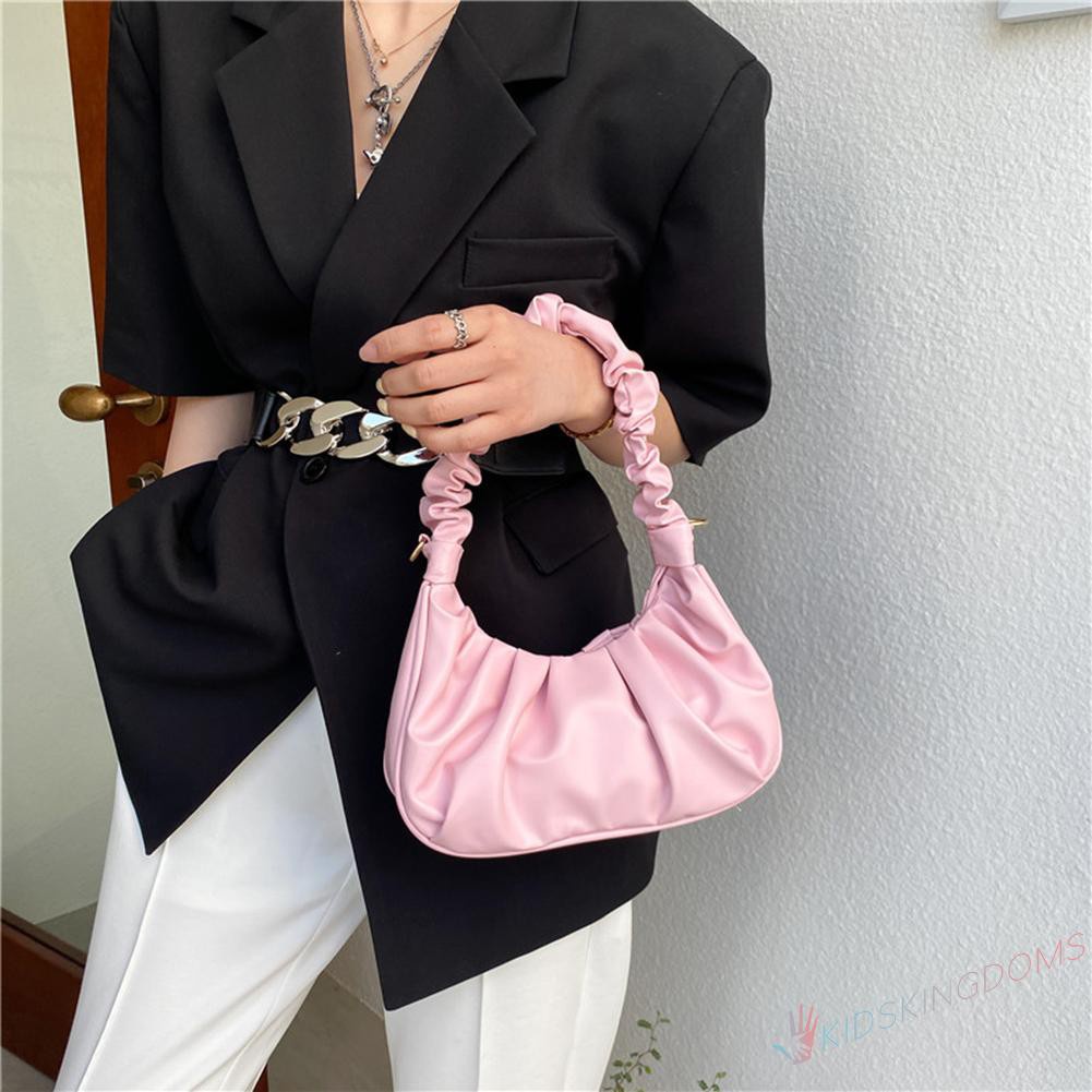 【Big Sale】Fashion Women Pure Color Canvas Shoulder Underarm Bag Pleated Hobos Handbag