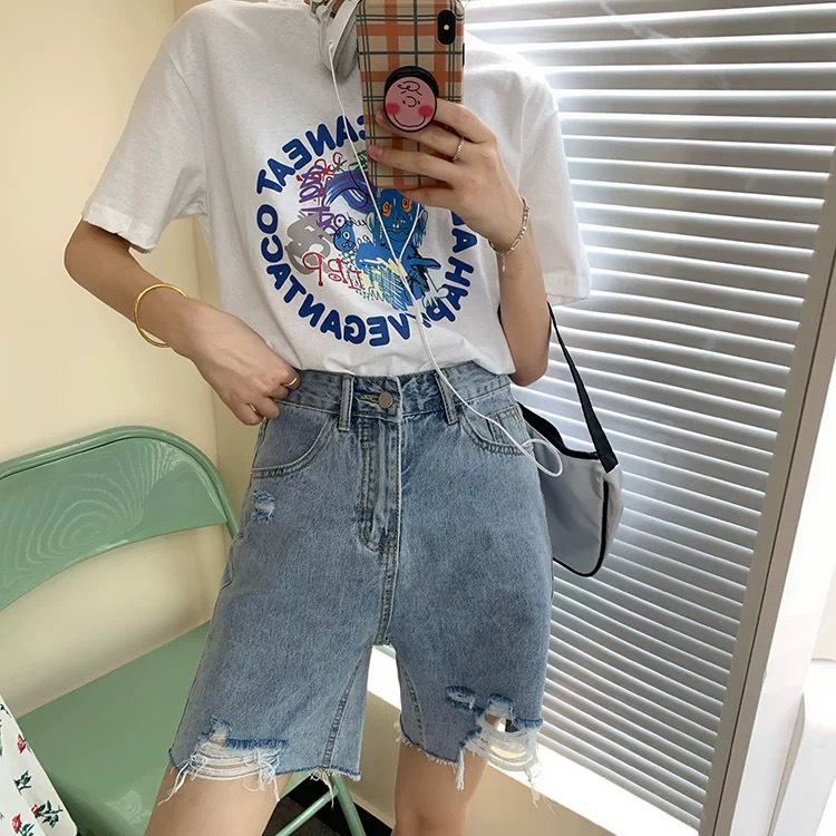 Quần đùi jeans nữ BigSize co dãn mạnh, rách ít, lưng cao, ngắn giữa đùi 3451D Moli