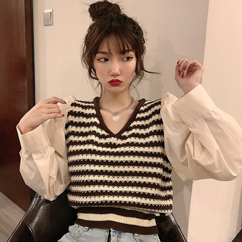 Áo Cotton Dệt Kim Tay Dài Cổ Chữ V Xinh Xắn Chất Lượng Dành Cho Nữ