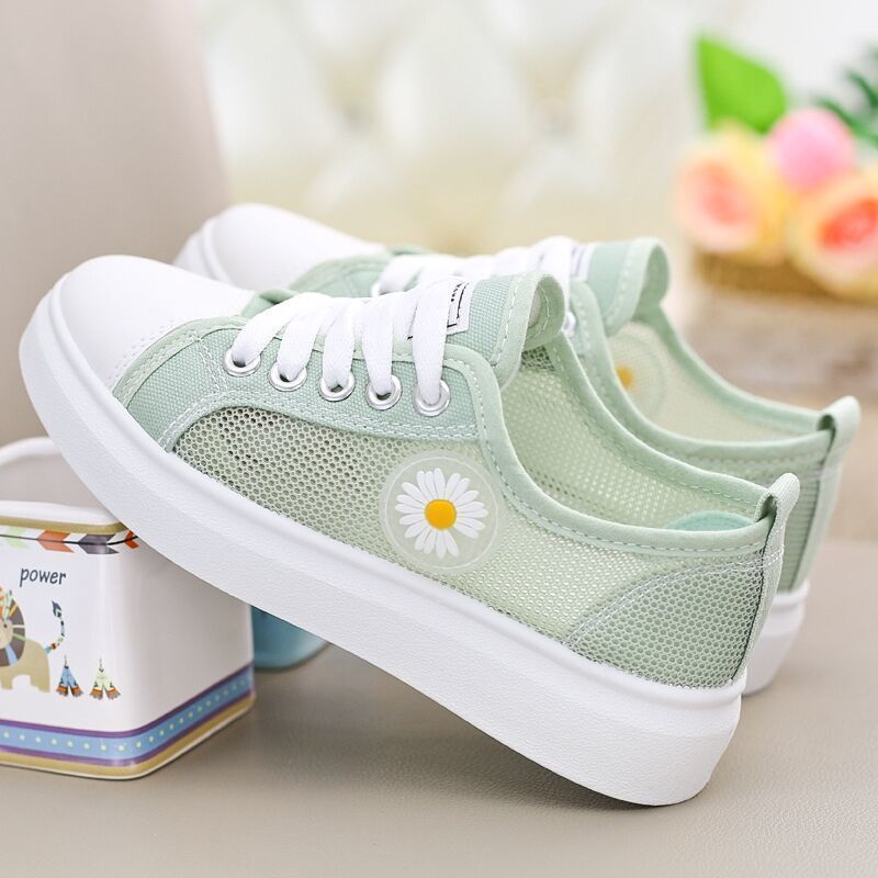 Giày thể thao vải lưới thoáng khí màu trắng họa tiết hoa cúc nhỏ phong cách Hàn Quốc thời trang hè mới cho nữ