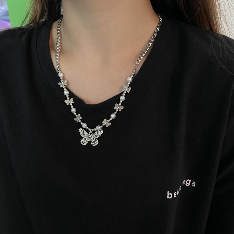 Dây Chuyền Mặt Hình Bướm Đính Ngọc Trai Phong Cách Hip Hop Hàn Quốc Thời Thượng 22509 Cho Nam Nữ