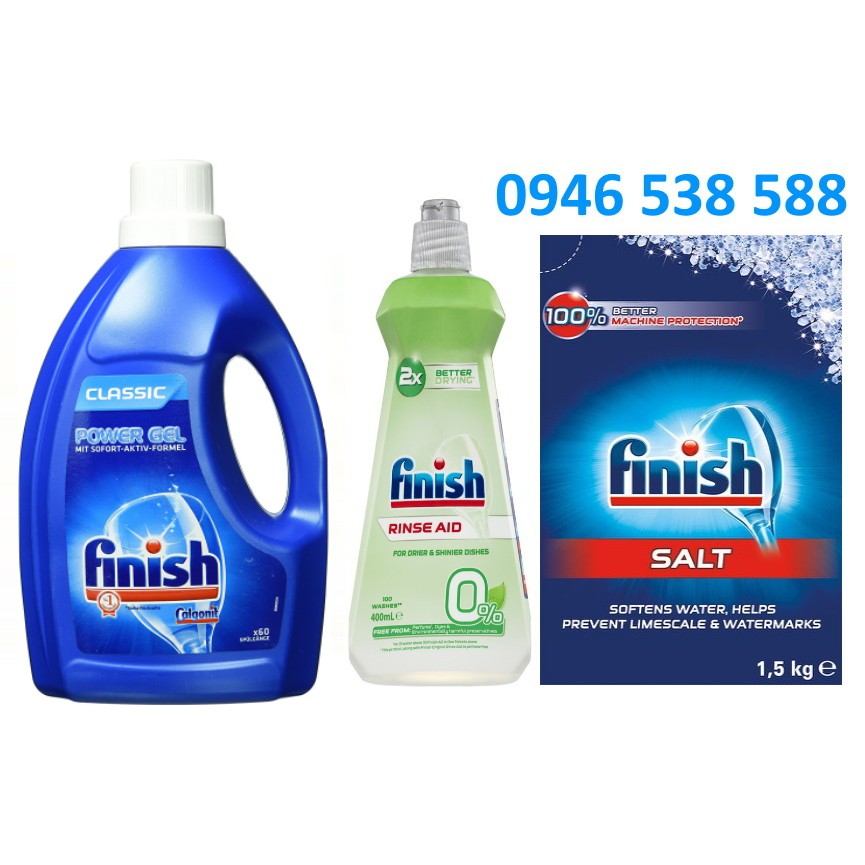 Combo Nước bóng finish Hữu cơ+Nước rửa bát Finish Gel 1.5L+1.5kg Muối rửa bát Finish chuyên dùng cho máy