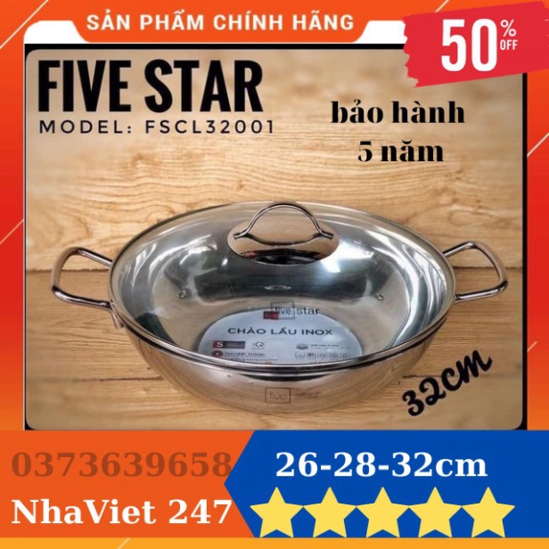 Chảo Lẩu Xào Sâu Lòng 32-28-26cm 3 Đáy Inox 430 Fivestar- Đáy Từ Lắp Kính - Bảo Hành 5 Năm