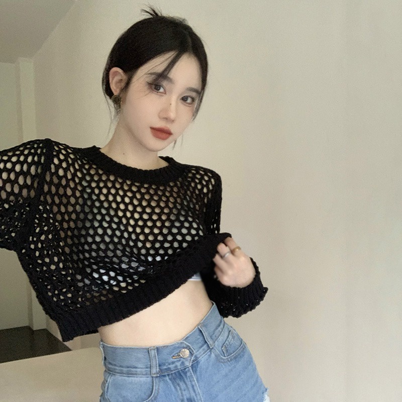 Áo Sơ Mi Tay Dài Cổ Tròn Màu Trơn Phối Lưới Thời Trang Hàn Quốc Cho Nữ