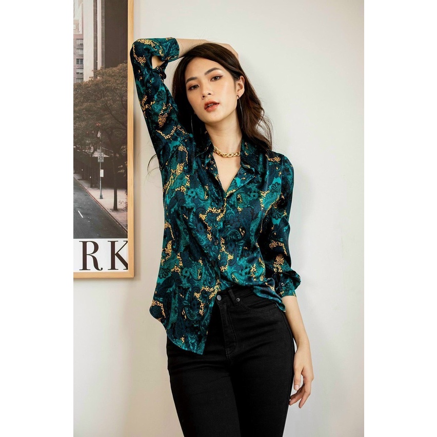 Áo sơ mi lụa xanh hoạt tiết vintage dài tay cổ đức sang chảnh cá tính