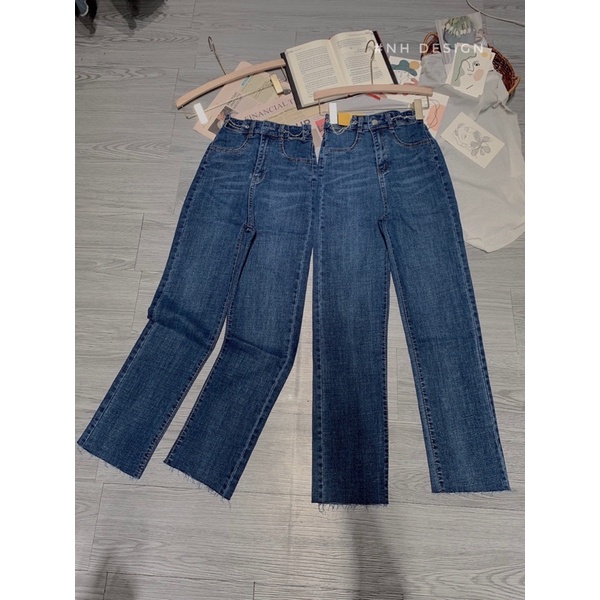Quần jeans suông giãn pha cạp xích oze