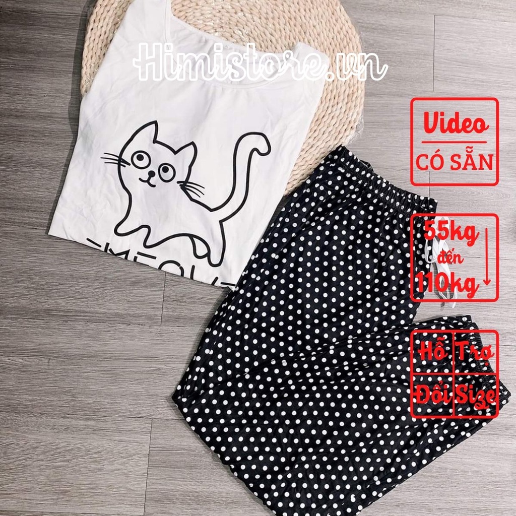 ĐỒ BỘ BIGSIZE NỮ NỀN TRẮNG HỌA IN MÈO CHẤM BI DỄ THƯƠNG – HIMISTORE - HM303