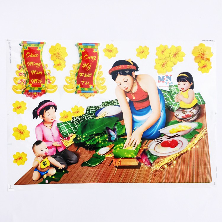 Decal 3D (sticker) dán kính Việt Nam trang trí Tết (mẫu Gói bánh chưng 20)