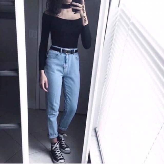 Quần bò baggy ống trơn may gấu cạp cao | BigBuy360 - bigbuy360.vn