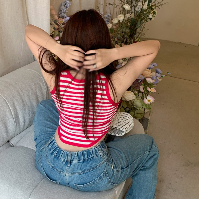 Áo Hai Dây Dệt Kim Dáng Ôm Họa Tiết Kẻ Sọc Thời Trang Quyến Rũ Cho Nữ