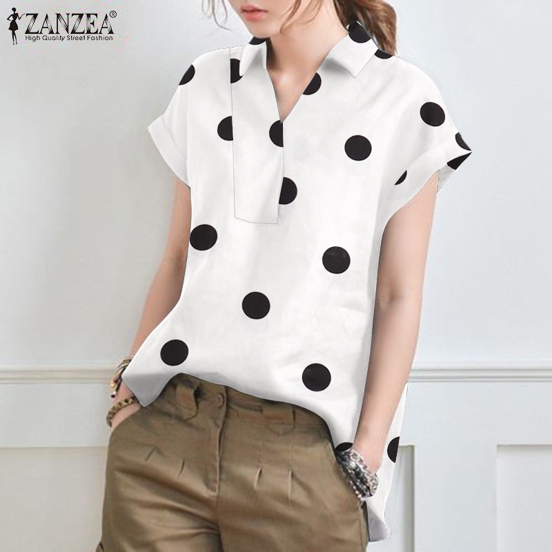 Áo sơ mi ZANZEA tay ngắn cổ bẻ họa tiết chấm bi phong cách Vintage dành cho nữ