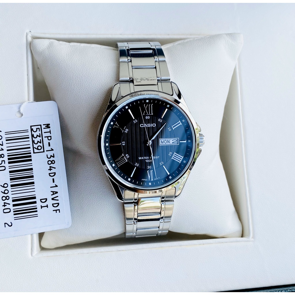 Đồng hồ Nam Casio MTP-1384D-1AV, đồng hồ chính hãng, dây bạc mặt đen
