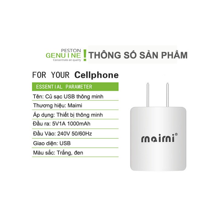 Củ sạc tiêu chuẩn Maimi MM306 Đầu ra 5V - 1A Tích hợp sạc nhiều thiết bị khác nhau như Iphone, Xiaomi, Samsung, Oppo...