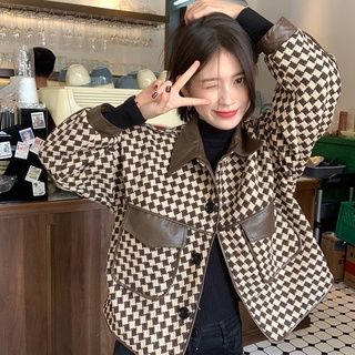 Áo khoác croptop da hoạ tiết houndstooth