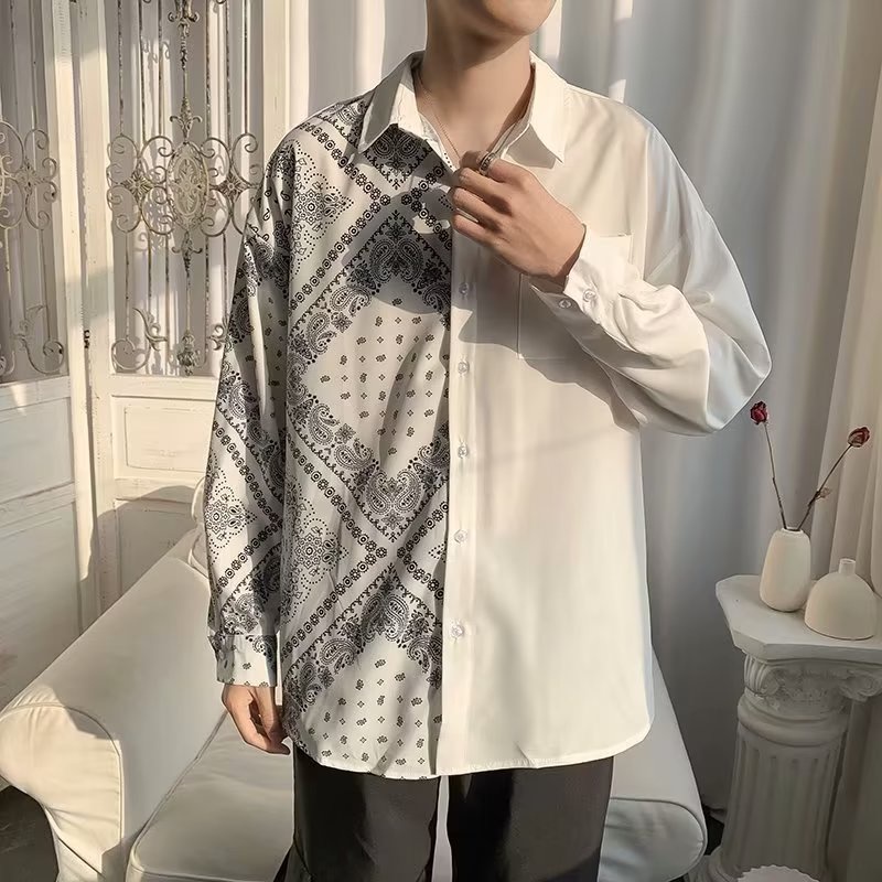 Áo Sơ Mi Tay Dài Dáng Rộng In Họa Tiết Kiểu Retro Nhật Hàn Thời Trang Cho Nam