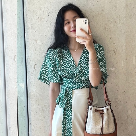 QADCOL Áo Sơ Mi Cổ Chữ V In Hoa Phong Cách Hàn Quốc Thanh Lịch