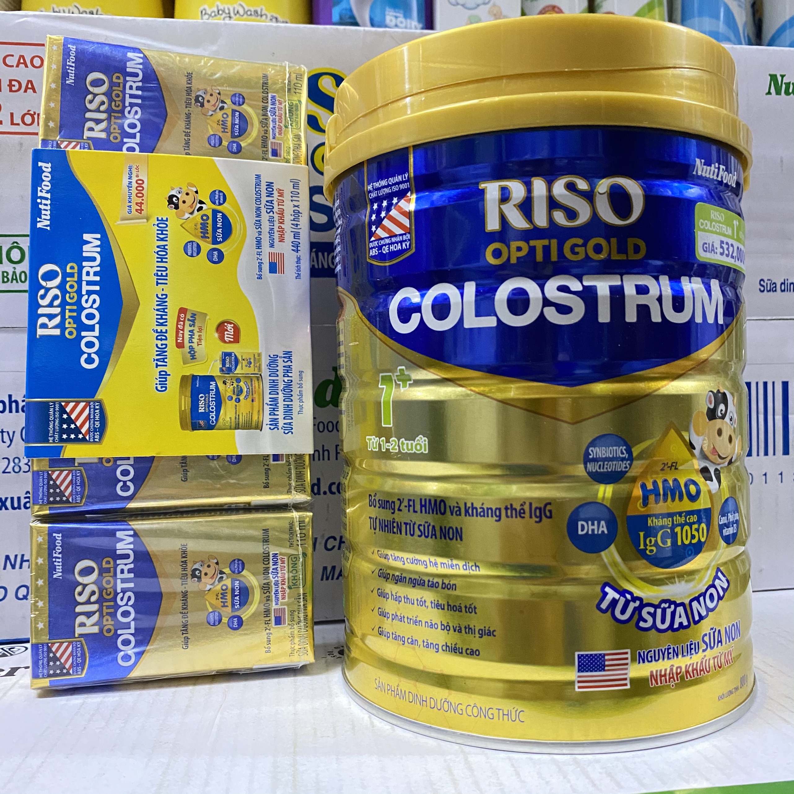 [DATE 2023] Sữa Riso Opti Gold Colostrum 1+ lon 800g + 4 Hộp sữa pha sẵn 110ML RISO COLUSTRUM