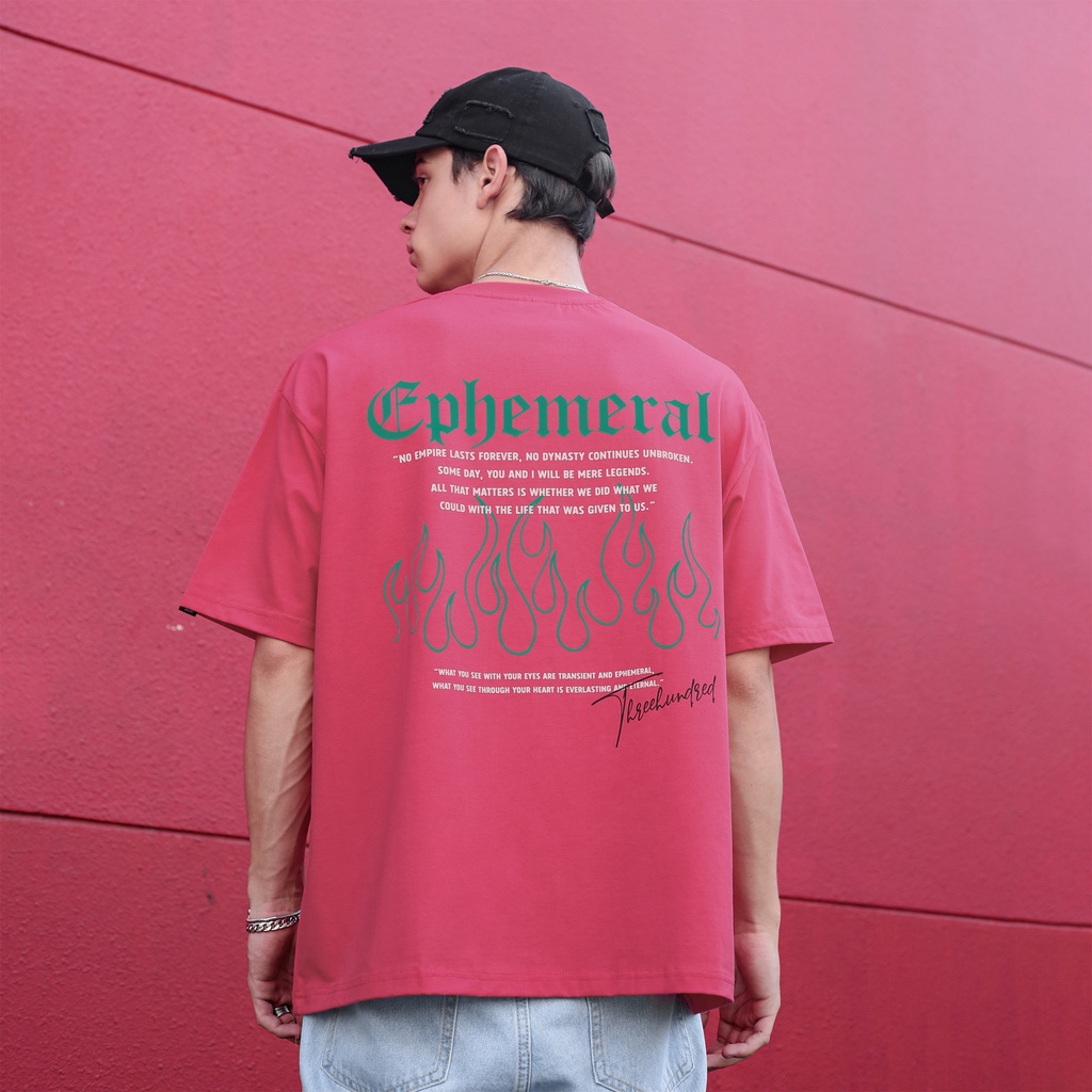 Áo Thun Màu Hồng In Chữ Ephemeral Xanh Lá Chất Liệu 100% Cotton Form Rộng Thoải Mái Unisex Nam Nữ