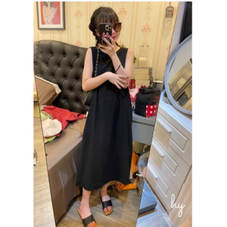 Xả Kho Đầm đũi khoét nách - Váy suông sát nách MÀU ĐEN - BE