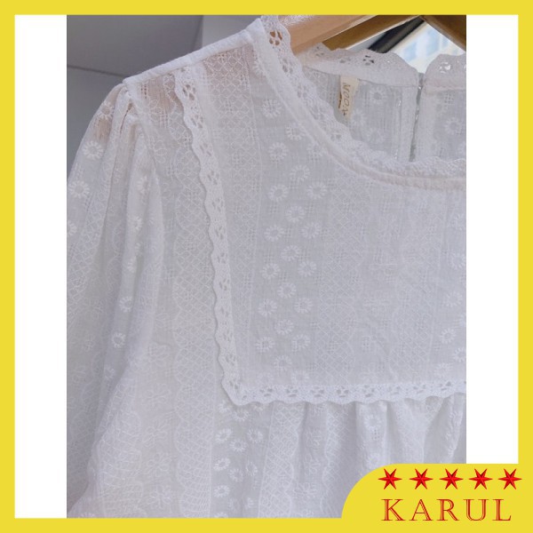 Áo sơ mi nữ trắng cổ ren - áo babydoll in hoa trắng cổ ren dài tay bo