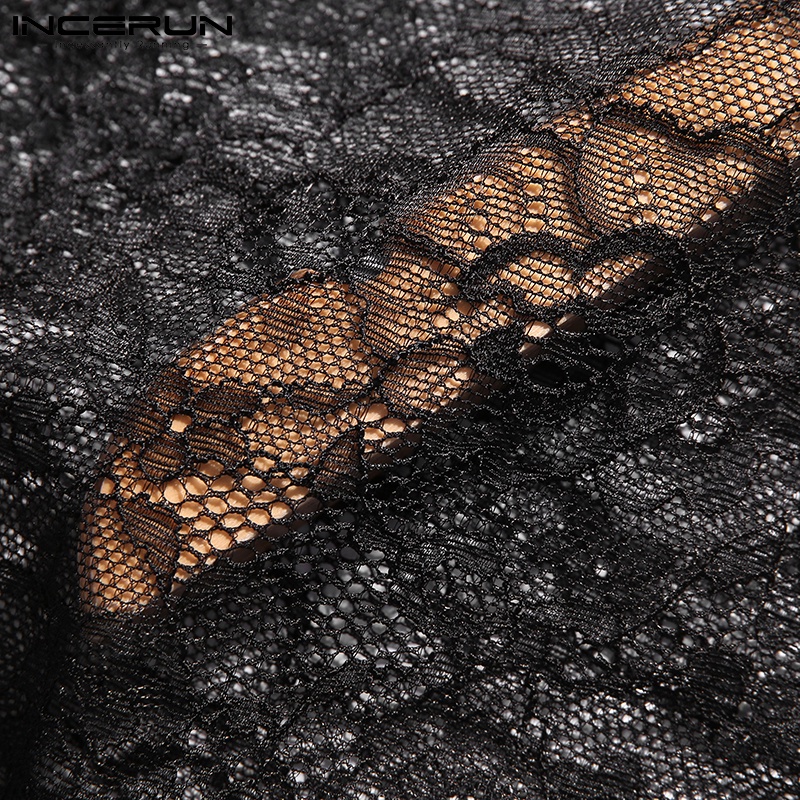 Quần dài INCERUN ống rộng lưng thun phối ren nhìn thấu phong cách gợi cảm cho nam