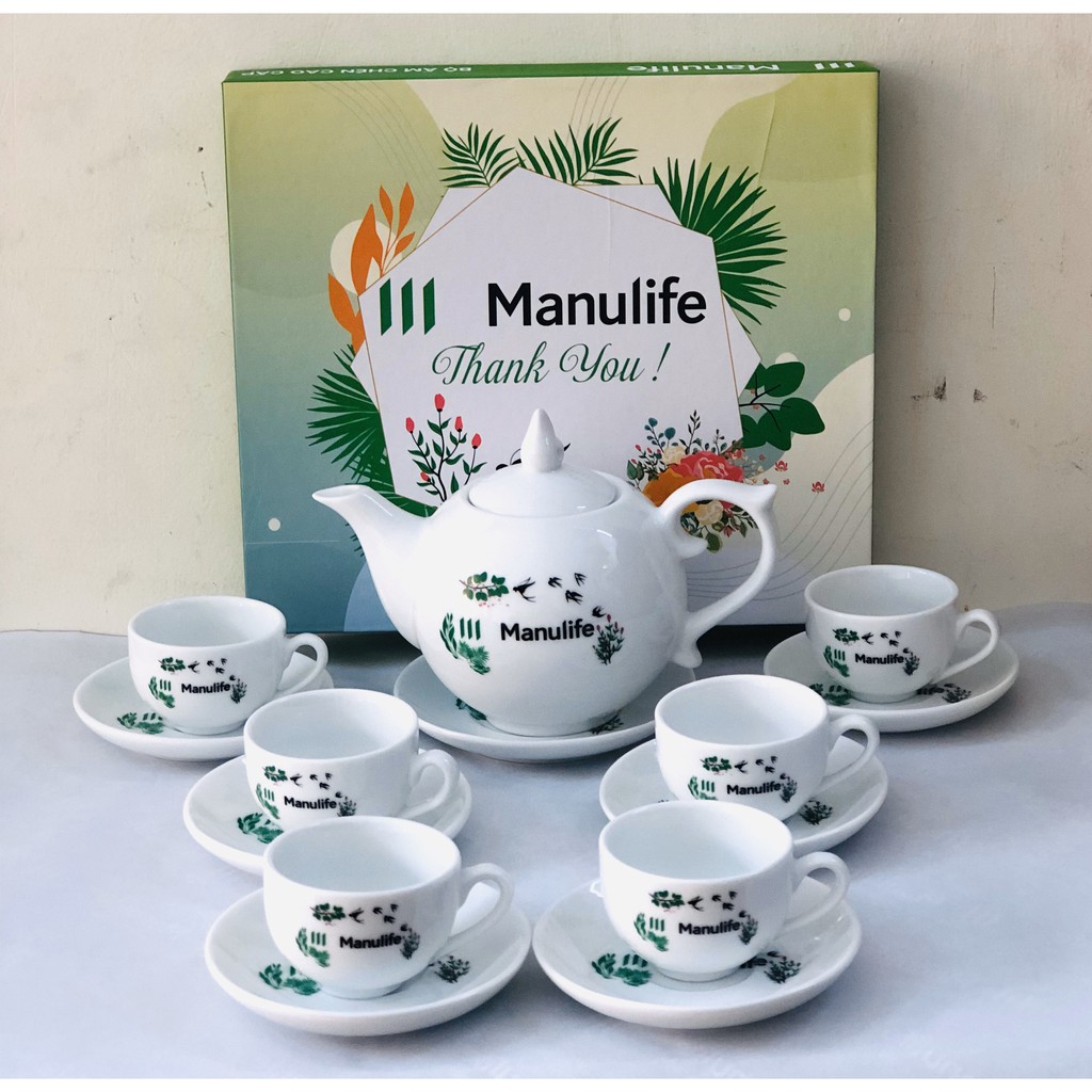 Bộ ấm chén quà tặng logo Manulife hộp đẹp lót lụa