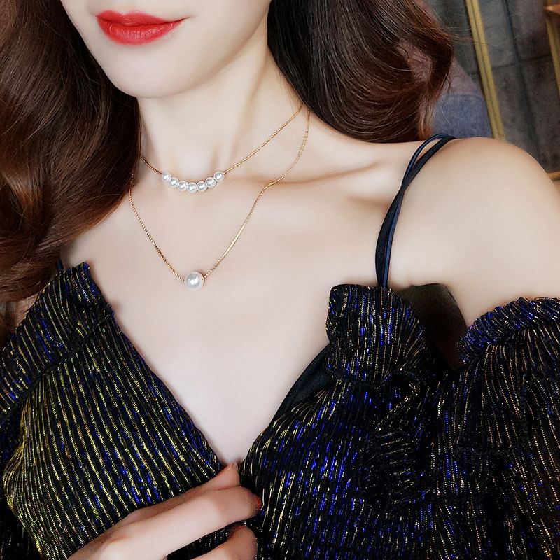 Dây Chuyền Hai Lớp Đính Ngọc Trai Sang Trọng Thời Trang Cho Nữ