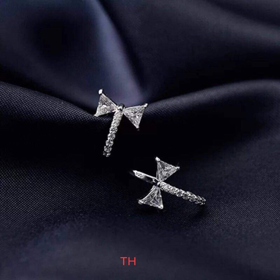 Bông tai bạc nữ dạng khoen tròn bấm hình nơ gắn đá nhỏ - Bạc Bibi