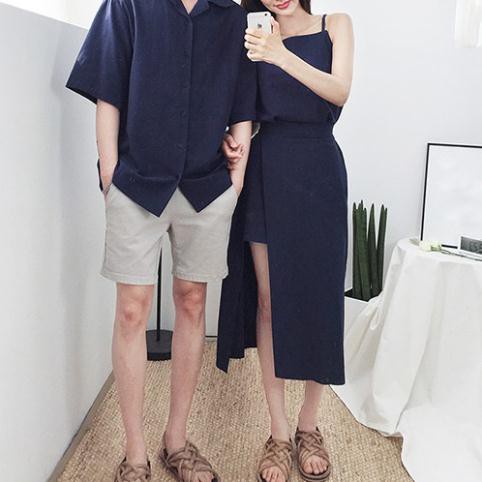 Áo đôi nam nữ - Set áo váy sơ mi cặp couple màu đỏ, màu xanh đen Hàn Quốc couple AV80 (có ảnh thật)