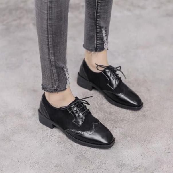 (Có sẵn Đủ size) Giày Oxford nữ cao cấp phối da lộn da lì (Màu Đen Nâu) Đế cao su 4p phân cm tôn dáng dễ phối đồ -h91 | BigBuy360 - bigbuy360.vn