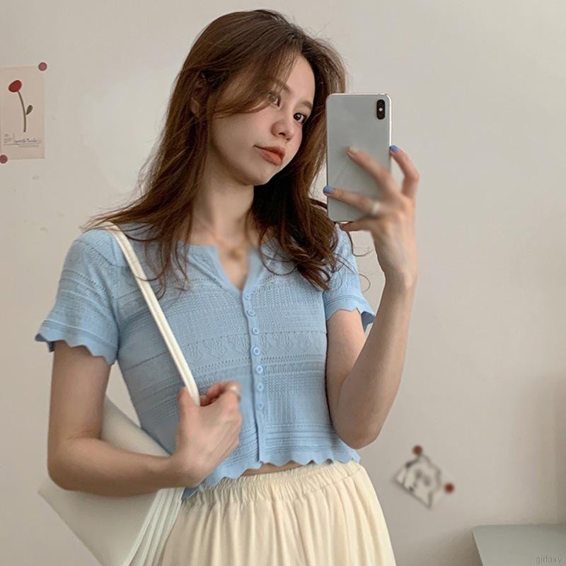 Áo croptop dệt kim tay ngắn cổ chữ v màu sắc đơn giản phong cách Hàn Quốc cho nữ