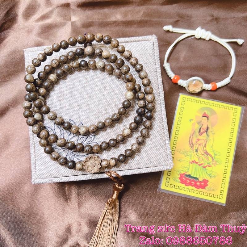 Vòng Trầm Hương 108 hạt mix Hoa Sen Tặng Hộp gấm + Thẻ Bình An